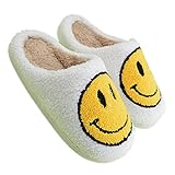 Cute Smiley Face Slippers, Happy Face Slippers, Smiley Face Slides Slippers, Retro Happy Face Soft Plush Comfy Warm Slip-on Slippers (White,37/38)