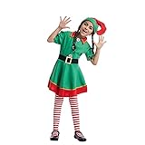 Eltern-Kind-Weihnachtselfen-Kostüm, Weihnachtsgrüne Elfe, Weihnachtskostüme, Urlaubsparty-Outfit für Erwachsene und Kinder (grünes weibliches Kind, 130)