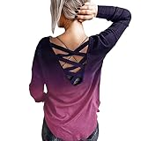 MRULIC Damen Pullover Blusen Langarmshirt Rundhals Faden Kreuz RüCkenfrei Farbverlauf Langarm Freizeit Bluse T-Shirts Tops Basic Shirts Oberteile(A2 Rosa,L)