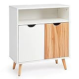 Meerveil Sideboard, Kommode mit 2 Türen Massivholzbeinen Beistellschrank aus Holz moderner Stil für Schlafizimmer Wohnzimmer, 60 x 30 x 73,3 cm, Weiß und E