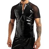 Mufeng Herren Sexy Netzhemd Wetlook Transparent Patchwork Mesh Tops Spleiß Lack Leder mit Reißverschluss Clubwear DJ Kostüm Schwarz A L