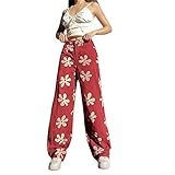 Y2K Streetwear Damenhose mit hoher Taille, Schnalle, rote Blume, bedruckt mit geradem Bein, rot, S