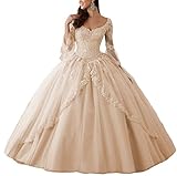 HUINI Ballkleider Lang Spitze Brautkleider Langarm Quinceanera Kleider Prinzessin V-Ausschnitt Hochzeitskleider Champagne 32