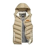 Winter Weste Kapuze Herren Ärmellos Jacken Daunenweste Weste Streetwear Overcoat Hut Abnehmbare Weste, HQ830 Khaki, XXL