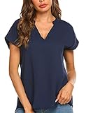Parabler Damen V-Ausschnitt Hemdbluse Chiffon Blusen Frauen T-Shirt Tops Sommer Einfarbig Kurzarm Casual Tunika Loose fit Navy blau L