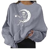Lazzboy Sweatshirt Damen Oversized Halloween Totenkopf Druck Pullover Langarm Bedruckte Sweatshirts Für Lockerer Rundhalsausschnitt Langärmeliges Herbst Und Winter ( Grau-Mond,S )