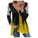 Briskorry Langarmshirt Damen Off Shoulder Tunika Shirt Flammendruck Longshirt mit Reißverschluss Mode Langarm T Shirts Casual Blusen Leichte Atmungsaktiv Top