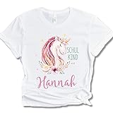 Einschulung Mädchen T-Shirt Personalisiert mit Name - Einhorn T-Shirt Schulkind 2021 Geschenk (5/6 (110/116))