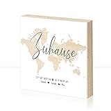 Personalisiertes Geschenk Zuhause Schild, Koordinaten Weltkarte, Holzschild mit Welt Karte, Personalisierbares Holz Bild Geschenk, Familie Liebe und Freundschaft, Kunstdruck auf Birk