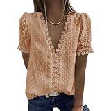 NPRODLO Damen Chiffon Shirts Sexy Kurzärmlig Tiefer V-Ausschnitt Bestickte Spitze Geschnürt Tunikan T-Shirt Bluse Frauen Sexy Einfarbig Klassisch Bauchfreies Oberteile Hemden Crop Tops für den S