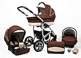 Kinderwagen Largo,3 in 1 -Set Wanne Buggy Babyschale Autositz mit Zubehör Brown C