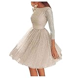 Ansenesna Kleid Hochzeit Damen Glitzer Rückenfrei Mit Ärmel Elegant Abendkleider Frauen Party Festlich Faltenkleid Kurz A Linie Mini Kleider (Beige,S)