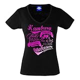Volkspark Hamburg Streetwear Damen T-Shirt Vintage Typo Metallic Pink Druck (schwarz, l)
