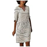 Fvcnsocx Women 3/4 Sleeve V Neck Dress Summer Short Swing Dress Printed Daily Casual Loose Dresses-Medium,Beig