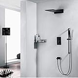 ZJN-JN In-Wand Showerheads Thermostat Wasserfall-Dusche-Satz Booster Top Spray Kupfer Dusche Wasserhahn Duschsystem 4 Modi Schwarz Feste Duschsy