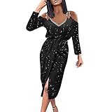 Nhainel Elegant Schulterfreies Kleid Damen Pailletten Bodycon Cocktailkleid Partykleid Sexy Split Abendkleid Maxikleid V Ausschnitt Partykleid Samtkleid (Schwarz, S)