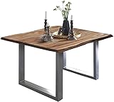 SAM Baumkantentisch 80x80 cm Mephisto, Akazienholz massiv + naturfarben lackiert, Esstisch mit Silber lackiertem U-Gestell, Esszimmertisch/Holztisch im Industrial-Design, Tischplatte 26