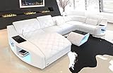 Wohnlandschaft Swing Ledersofa U Form Sofa - mit LED Beleuchtung, verstellbare Kopfstützen, Recamiere/Lederfarben wählbar/Ausrichtung wählbar/USB Anschluss (Ottomane Links, White)