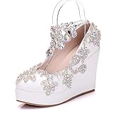 Damen Brautschuhe Damen Hochzeitsschuhe Mit Farbe Strass Keilabsatz Sandalen Einzelschuh Wasserdichte Plattform Geschlossene Zehen Brautjungfer Schuhe Absatzhöhe 10 Cm,Weiß,34 EU