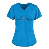 Writtian Krankenhaus Schlupfhemd Bluse Kurzarm V-Neck Mischgewebe Kasack Damen Pflege mit Liebe Motiv Bunt Arzt Uniform Berufsbekleidung Krankenschwester Kleidung