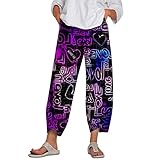 YIDYFA Valentinstag Jogginghose Damen Leinenhose Freizeithose Loose Leicht Hosen Damen High Waist Sporthosen Schlupfhose Elegant Strandhose 3/4 Straight Bein H