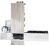 Vladon Wohnwand Anbauwand Manhattan V2, Korpus in Weiß matt/Fronten in Weiß Hochglanz, Paneel in Eiche säg