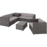 TecTake 800825 XXL Polyrattan Sitzgruppe, frei zu gruppierende Elemente, inkl. Aufbewahrungsbox mit Hubautomatik für Polster, Tisch mit Glasplatte (Grau | Nr. 403829)