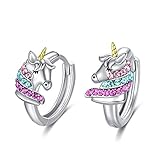 Einhorn Ohrringe Kinder Sterling Silber 925 Creolen mit Rosa Kristallen, Einhorn Schmuck Geburtstagsgeschenk für Mädchen Frauen (Bunt)