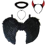 Sranin Engelsflügel Schwarz, Flügel Schwarz und Heiligenschein, Teufel Kostüm, Gefallener Böser Engel Kostüm, Wings Costume für Kostümparty Halloween Verkleidung, + 1x Teufelshö