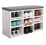 RICOO Schuhregal mit Stauraum 79x49x30 cm Sitzbank Schuhbank (WM035-W-A) Holz Weiss Schuhschrank mit Sitzkissen (Grau) für Flur Schuhablag