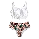 ZAFUL Zweiteiliger verknotet Tankini Beachwear Set, einfarbiger gepolsterter Badeanzug mit Schulterträger & Badehose mit Tropisches Blattmuster für Damen (Multi-A, S)