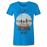 Frau T-Shirt mit Eigenem Foto Text Logo Name Selbst Gestalten - Ringgesponnene Baumwolle - Vollfarbiger Druck - S |Blau|