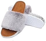 Flauschige Hausschuhe für Damen aus Kunstfell, flache Slides Sandalen für drinnen und draußen, grau, 38 EU