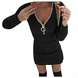 BIKETAFUWY Strickkleid Damen Pulloverkleid V-Ausschnitt Casual Langarm Wickelkleid Elegante Einfarbig Minikleid Sexy Bodycon Partykleid Mit Reißverschluss D