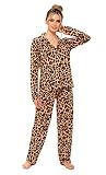 CityComfort Schlafanzug Damen Lang, Pyjama Damen Baumwolle mit Leoparden Muster (S, Braun)