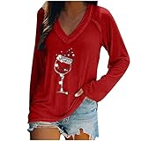 Orgrul Damen Sexy V-Ausschnitt Tunika Tops Weihnachten Weinglas Bedruckte Leichte Lose T-Shirts für Herbst Winter Nette Tops (XXL, Rot)