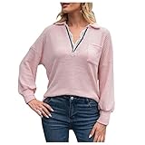 XUNN Damen Sweatshirt Reißverschluss Revers Pullover V-Ausschnitt Spitze Laternenärmel Pullover Reine Farbe Elegant Herbst- und Winter Top