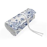 ABAKUHAUS Windröschen Mäppchen Rollenhalter, Blaue Blumen Corsage, langlebig und tragbar Segeltuch Stiftablage Organizer, 36 Schlaufen, Nachtblau Weiß