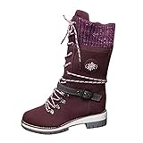 Xmiral Damen Gürtelschnalle Einsatzstiefel Blockabsatz Schnürhalbschuhe Mittelstiefel Stricknähte Winterstiefel (Lila, 40)