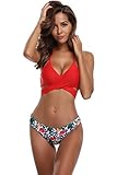 SHEKINI Damen Bikini Set Push up Verstellbar Crossover Ties-up Neckholder Bikinioberteil Zweiteiliger Badeanzug Triangel Gedruckt Niedrige Taille Sport Bikinihose Strandkleidung (Medium, Rot)