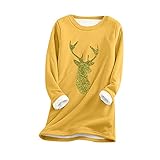 BUKINIE Damen Mädchen Warm Sherpa Gefüttert Rundhals Pullover Sweatshirt Merry Christmas Rentier Grafik Weich Bequem Winter Tops Loungewear, B-gelb, XXL