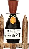 Pommerntraum ® | Zaunfigur Zaunhocker Pfostenhocker Dekofigur Gartendekoration Rabe mit Regenschirm Vogel Vögel (Rabe 4 - HEREINSPAZIERT)