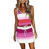 Damen Sommer Casual Swing T-Shirt Kleider Ärmellos Gestreift V-Ausschnitt Open Back T-Shirt Kleid Casual Tie Taille mit Taschen, hot pink, M