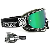 TWO-X Race Crossbrille Text schwarz Weiss Glas verspiegelt grün MX Brille Motocross Enduro Spiegelglas Motorradbrille Anti Scratch MX Schutzb