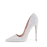 Zhabtuc Damen Glitzer Stiletto Pumps Spitze High Heels 12CM/4.72IN Pailletten Strass Brautschuhe Hochzeit Abend Parteischuhe Silber Größe 38 EU