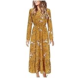 LINYOUY Damen Kleid Maxikleider Damen Blumenmuster Bedrucktes Volant Kleid Maxikleider Damen Langarm Lange Abendkleider Freizeitkleider Elegante Cocktailkleider Vintage D