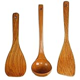 Holzlöffel Holzspatel Set zum Kochen Holz Suppenlöffel Reis Kochlöffel pfannenwender Holz Set Küchenhelfer Set 3teilig Hitzebeständig Antihaft,Ideal für Küche,Hellbraun,Pfanne,Kochutensilien und Wok