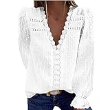 Damen V-Ausschnitt Bluse Langarmshirt Spitzen Tunika Shirt Loose Frühjahr Sommer Casual Oberteile Elegant Chiffon Business Bluse B