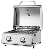 Tarrington House Edelstahl Tischgasgrill - 2-Brenner - Push & Turn Zündung - 4,6 kW, mit integriertem Thermometer, Fettauffangschale, Soft-Touch-Knöpfe, 33 x 39,5