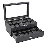 Herren Uhrenbox Aufbewahrungsbox, Kohlefaser Pu.Leder 2 Schichten 24 Gitteruhr Aufbewahrungsbox mit Schublade,abschließbares Armband Schmuckhalter Display Fall Organizer Uhrenschachtel Damen Org